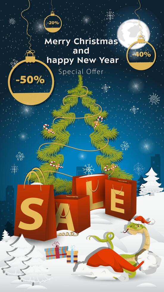 Special offer Sale inscription in the form of large packages standing in a snowy clearing A snake peeks out from behind a Santa Claus hat vector