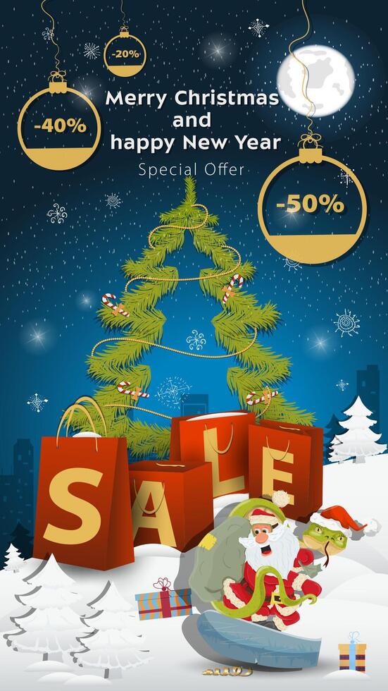 Special offer Sale inscription in the form of large packages standing in a snowy clearing a snake and Santa Claus on a snowboard vector