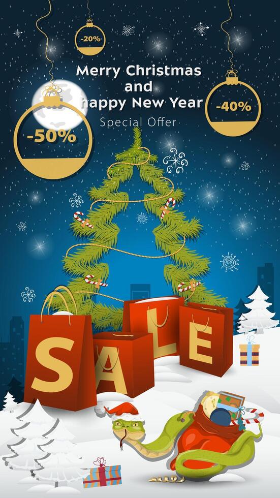 Special offer Sale inscription in the form of large packages standing in a snowy clearing A snake wraps around a bag of gifts vector