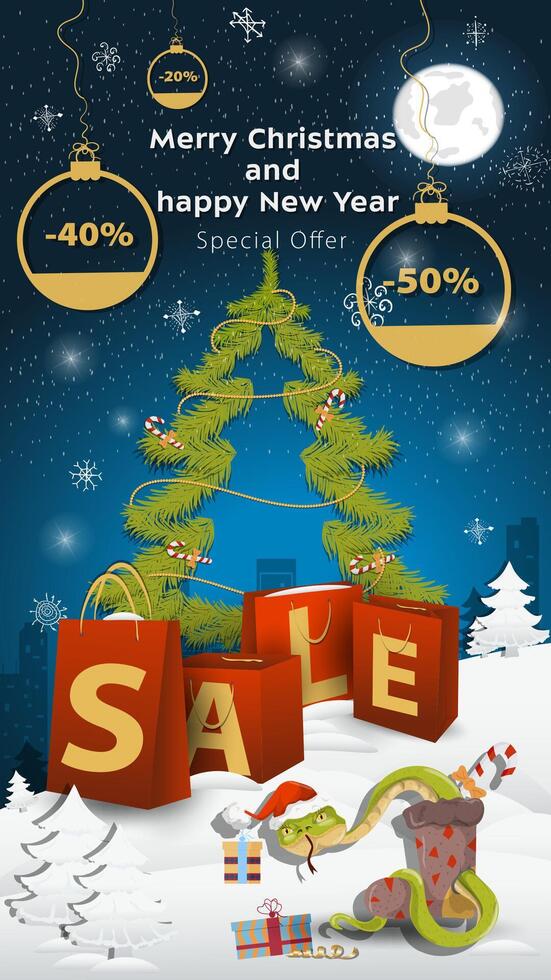 Special offer Sale inscription in the form of large packages standing in a snowy clearing A snake in a Santa hat crawls out of a sock for gifts vector