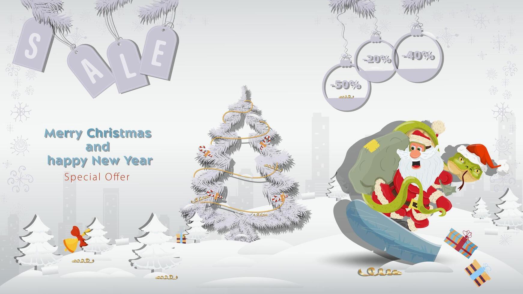Special offer Christmas and New Years Sale Snake and Santa Claus on a snowboard next to a fir tree in a winter snow forest vector