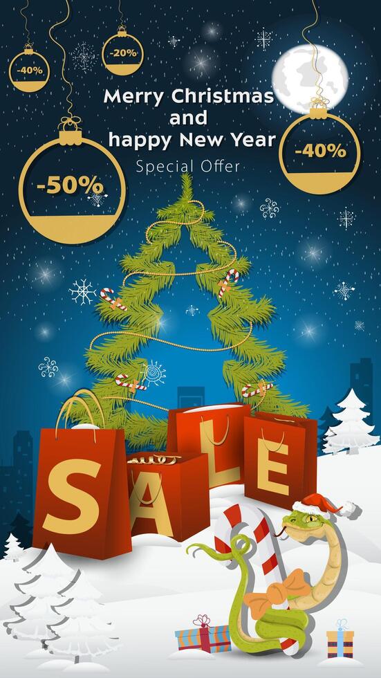 Special offer Sale inscription in the form of large packages standing in a snowy clearing A snake in a Santa hat wraps around a festive candy vector