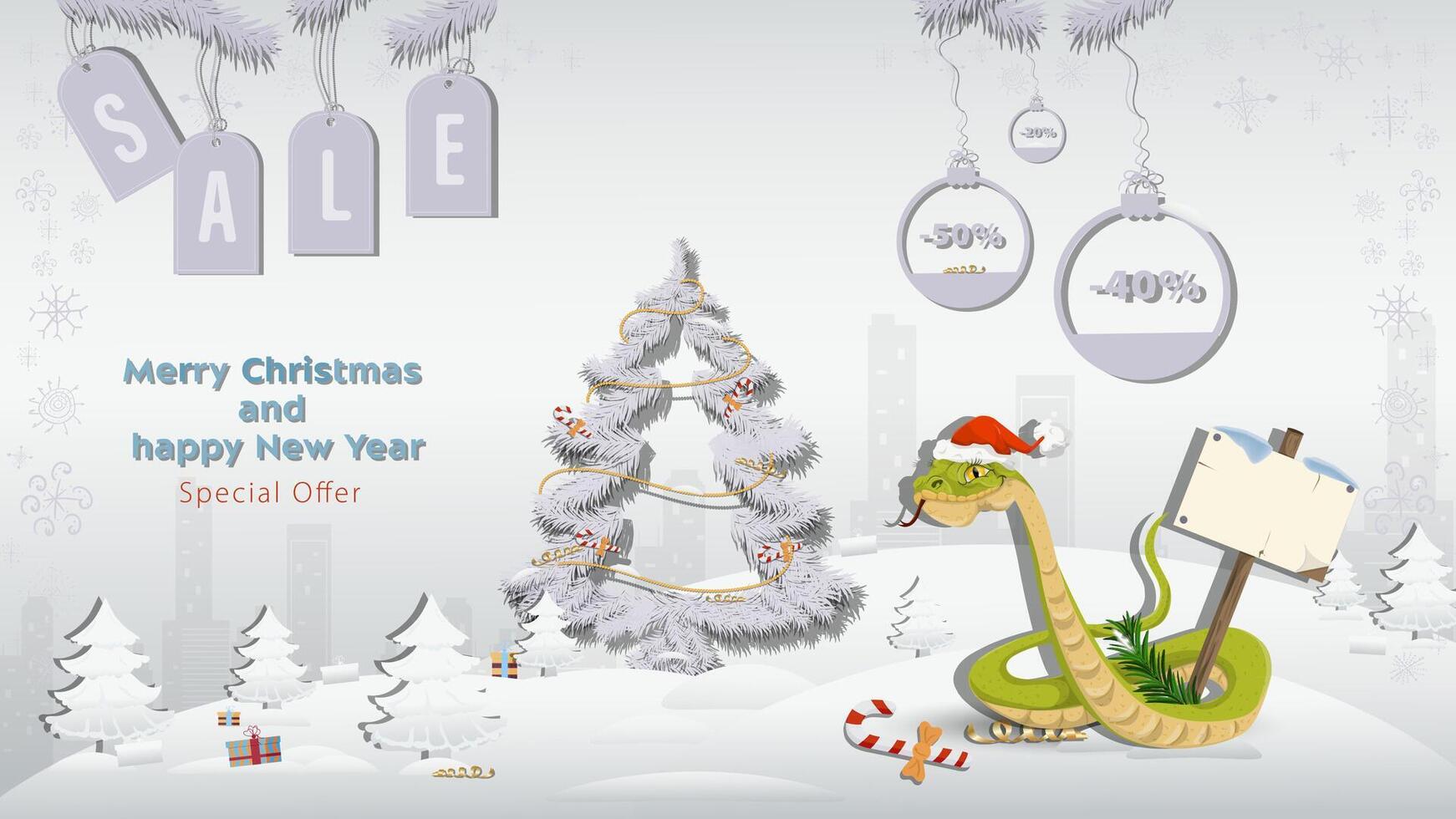 Special offer Christmas and New Years Sale A snake in a Santa Claus hat with a wooden sign with a fir tree in a winter snowy forest vector