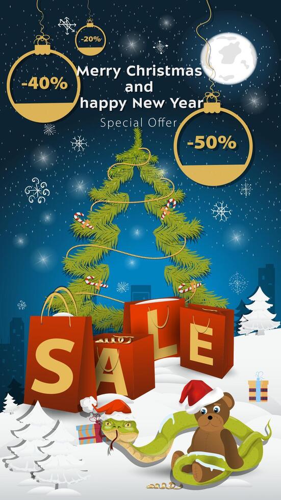 Special offer Sale inscription in the form of large packages standing in a snowy clearing A snake in a Santa hat wraps around a bear toy vector