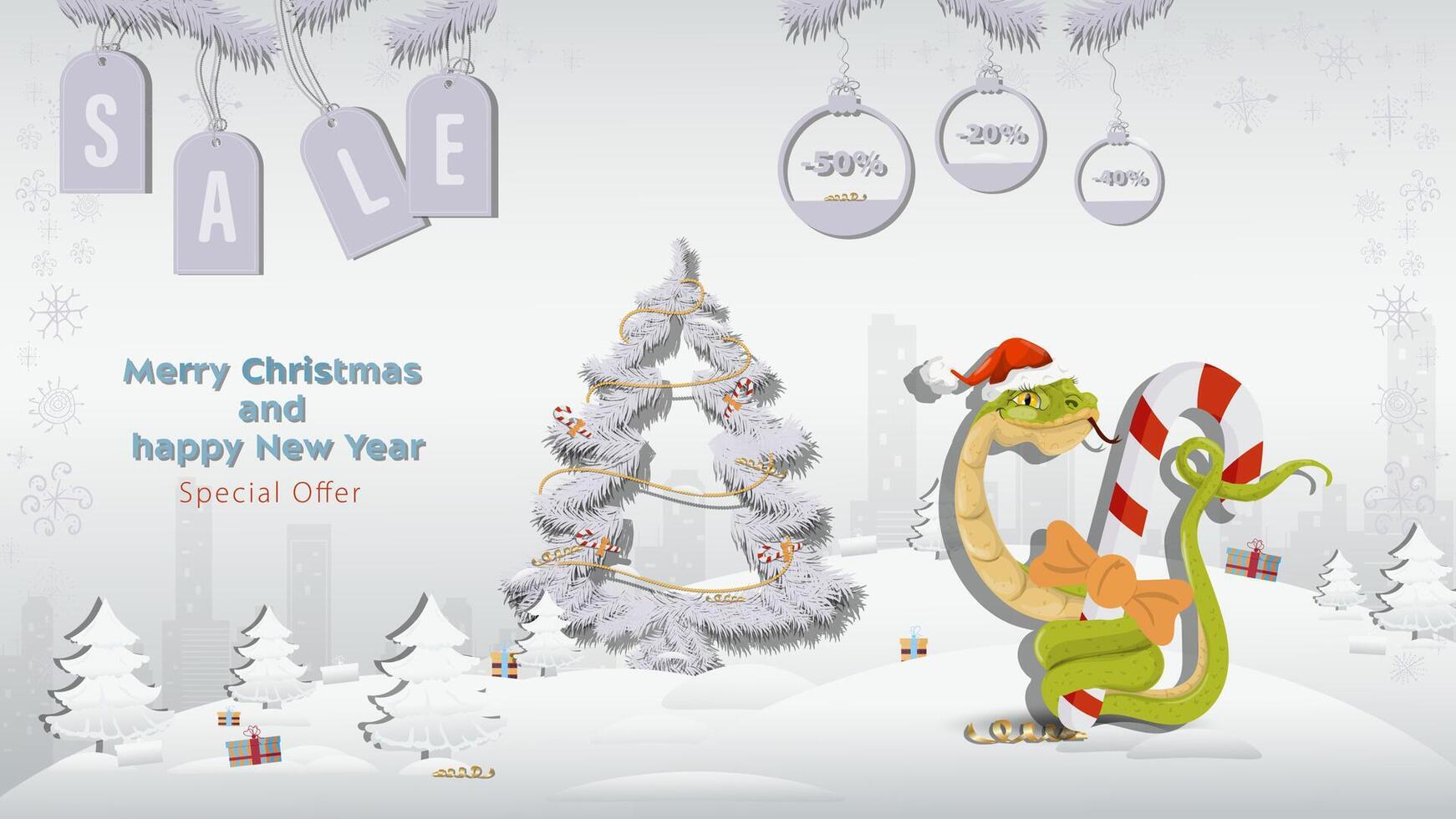 Special Offer Christmas and New Years Sale A snake in a Santa Claus hat wraps around a candy next to a fir tree in a winter snowy forest vector