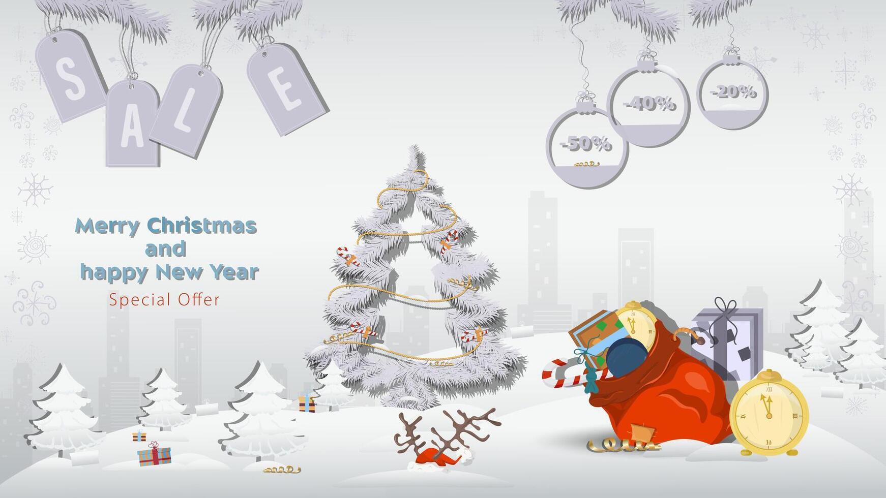 Special offer Christmas and New Years Sale a bag with gifts and a watch next to a fir tree in a winter snowy forest vector