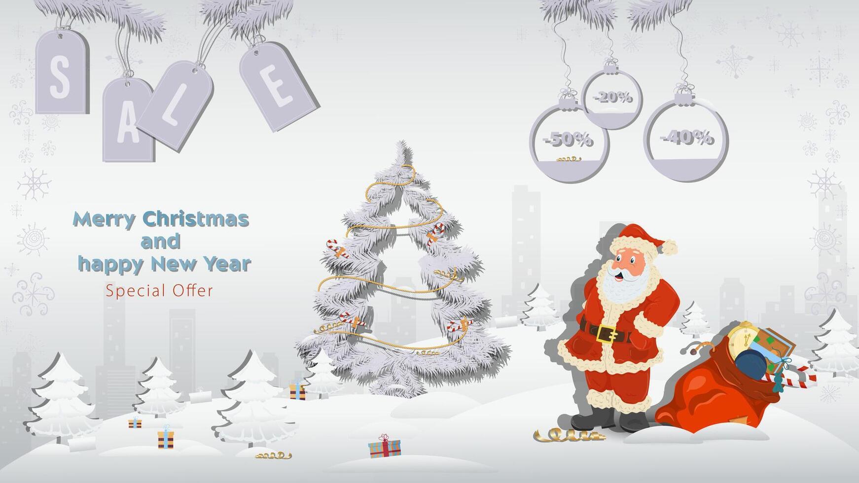 Special Offer Christmas and New Years Sale Santa Claus stands next to a bag of gifts next to a fir tree in a winter snowy forest vector