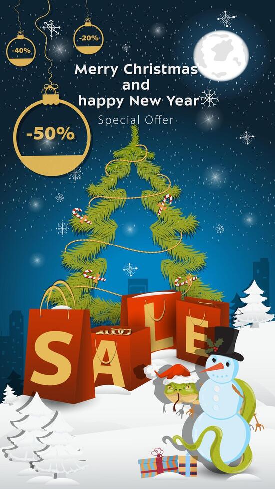 Special offer Sale inscription in the form of large packages standing in a snowy clearing A snake wraps around a snowman vector