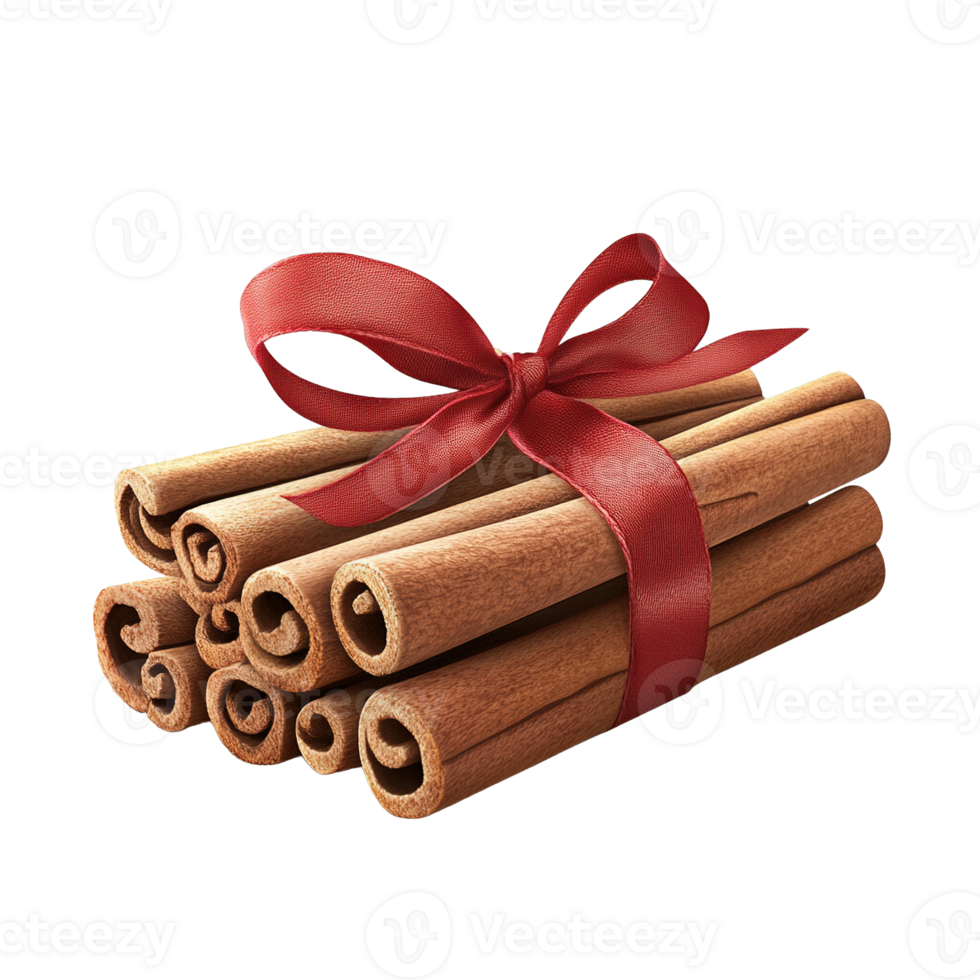 Elegant bundle of cinnamon sticks with a red ribbon isolated png