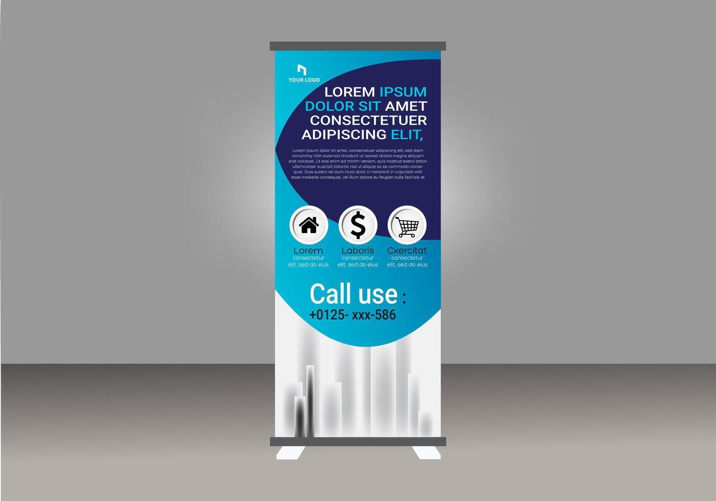 A Roll up banner stand with a blue and white design vector