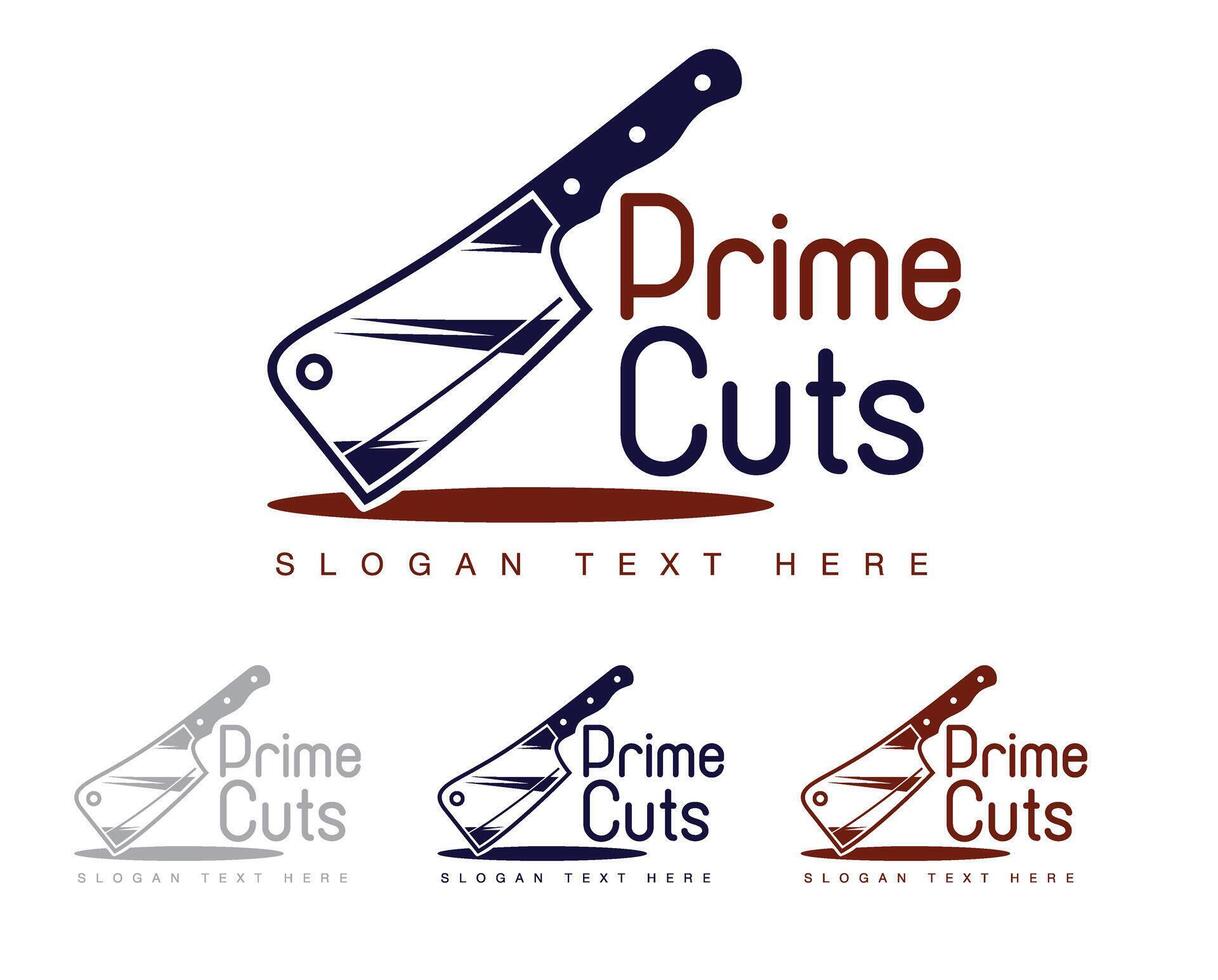 Prime Cuts logo features a cleaver icon perfect for butcher shops steakhouses or meat businesses Customizable text clean lines and modern design vector