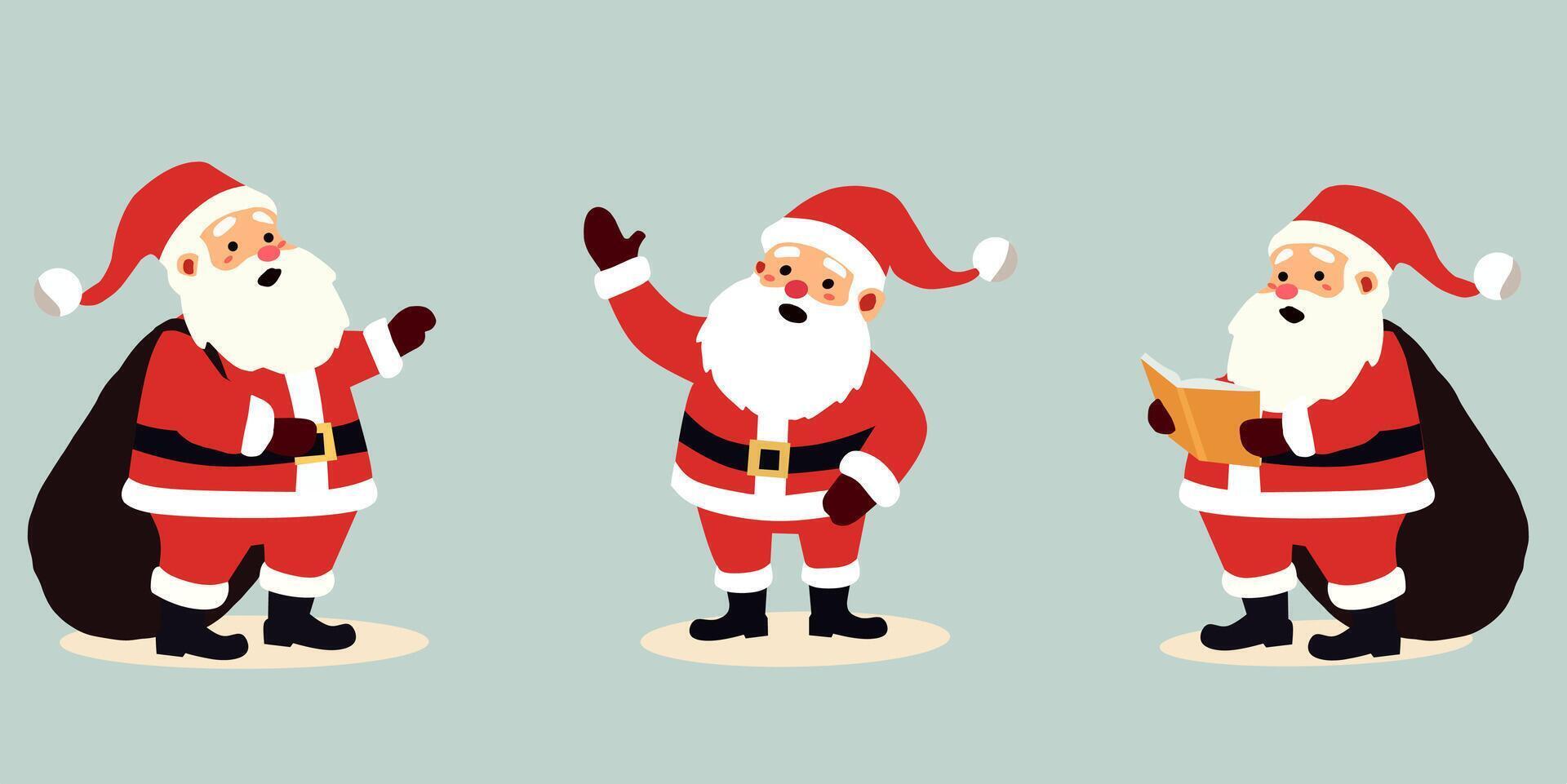 three Santa Claus characters in traditional red suits. One holds a sack, another waves, and the third reads a book. Ideal for Christmas designs, holiday greetings, and festive themes vector