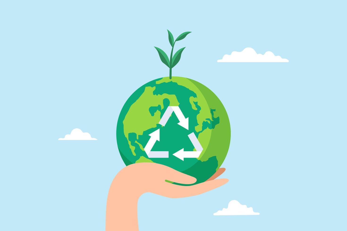 Flat illustration of hand hold green earth globe with recycle symbol sustainability renewable energy effort save world climate change global warming environmental safe vector