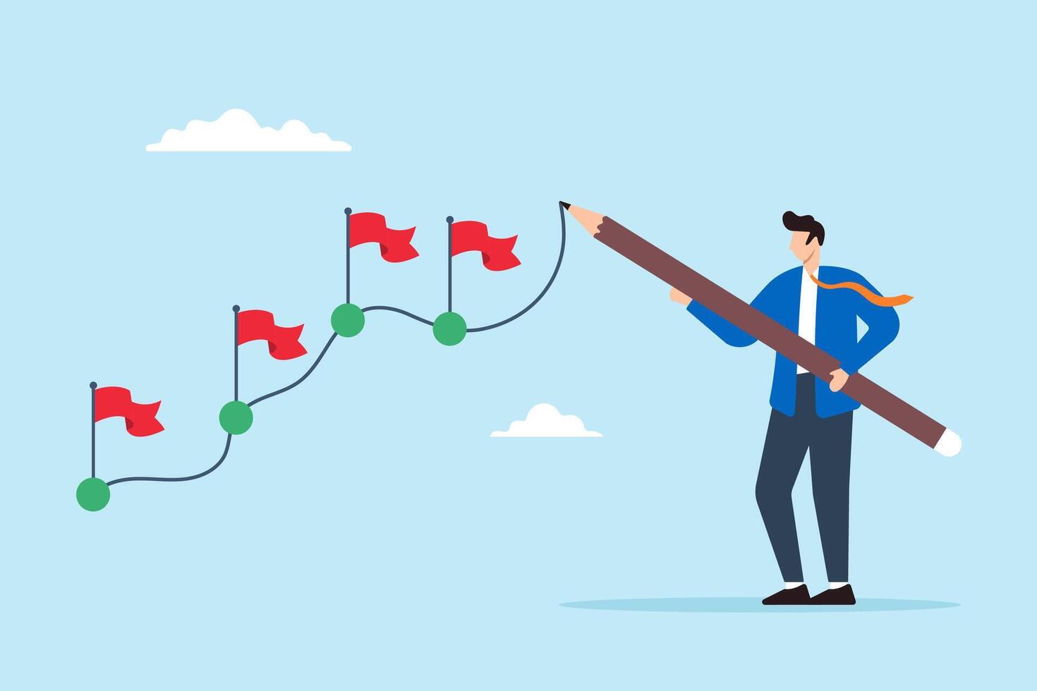 Flat illustration of businessman draw workflow line with achievement flag on progress map project milestone working process tracking work experience journey vector
