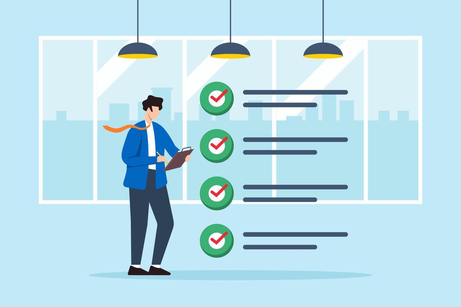 Flat illustration of CEO hold clipboard review business checklist in office room vector