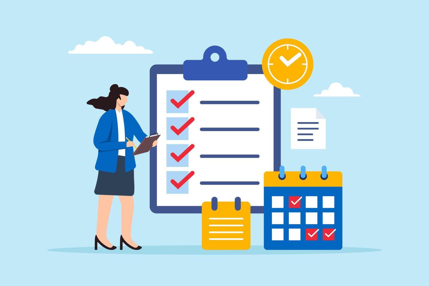Flat illustration of woman event planner checking business checklist with calendar and note schedule management time planning vector