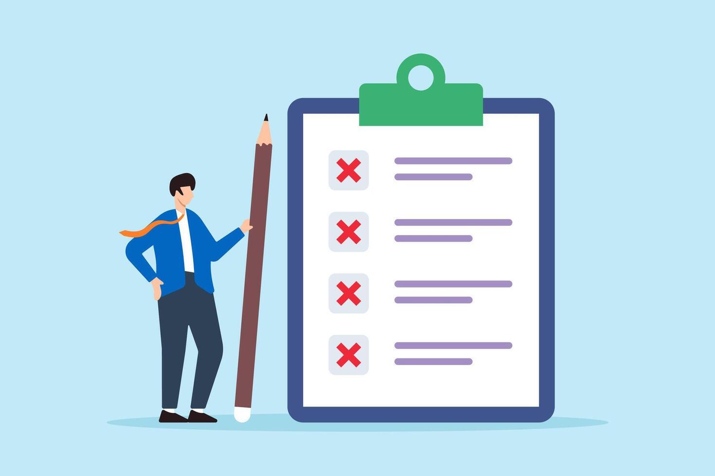 Flat illustration of HR manager hold pencil with cross mark on business checklist clipboard task failed vector
