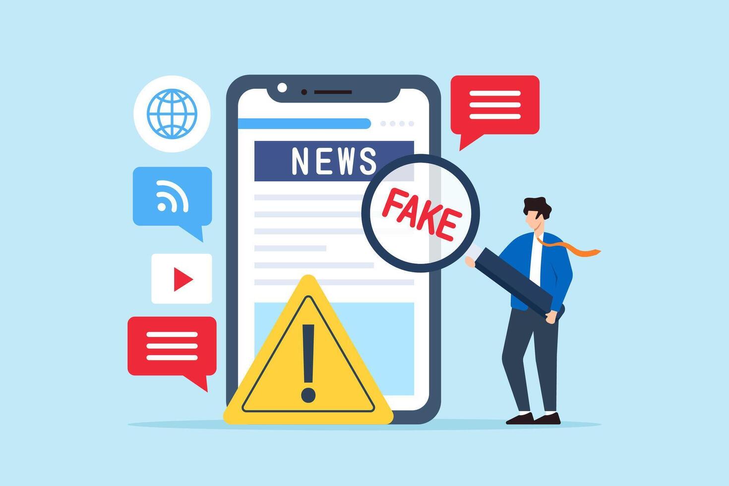 Flat illustration of man use magnifying glass to investigate social media fake news on phone screen with warning sign misinformation false information hoax cheating scam website vector