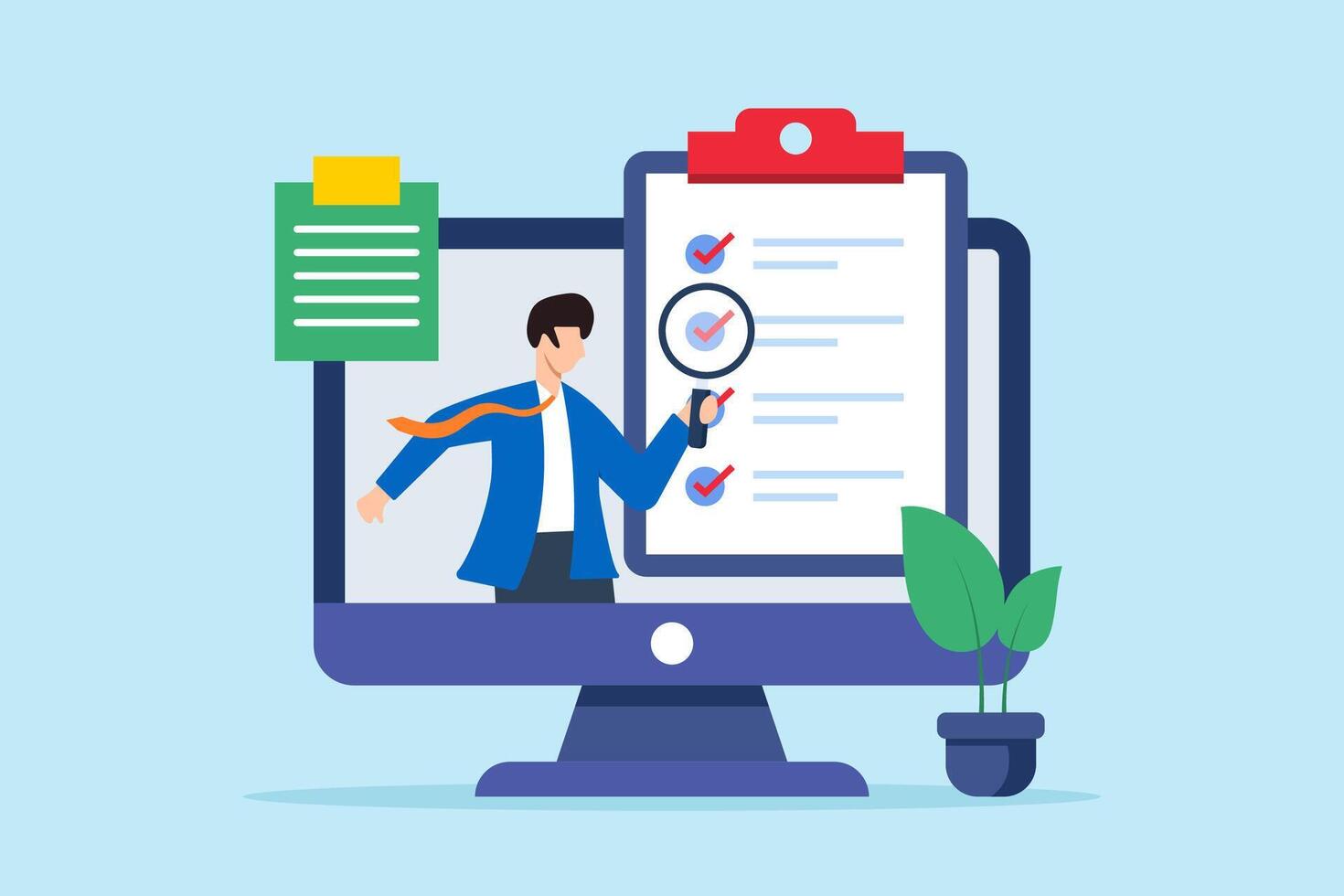 Flat illustration of executive examine business checklist in call with magnifying glass on computer screen vector