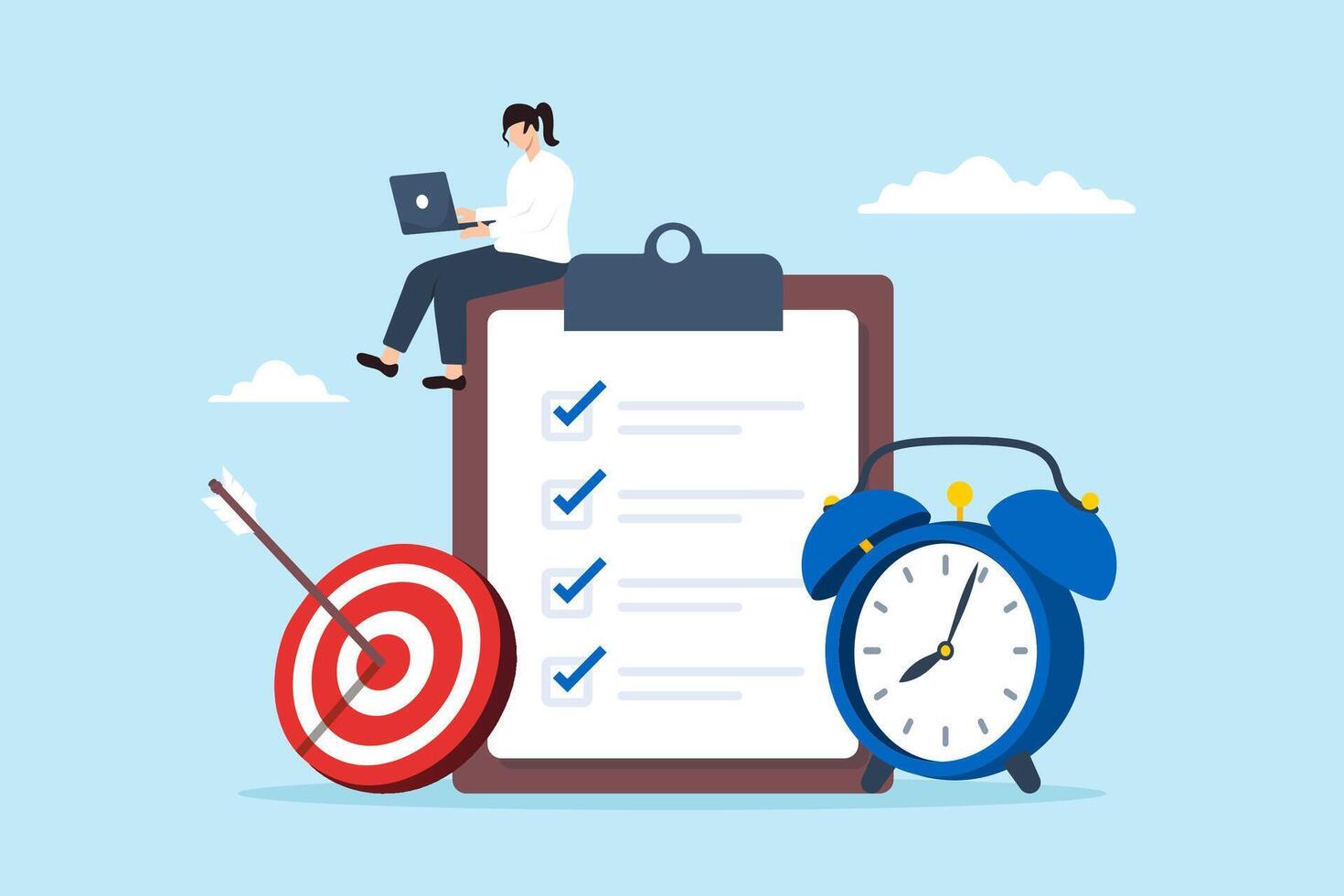 Flat illustration of productive businesswoman work on laptop with clipboard checklist alarm clock and bullseye target focusing project or time management vector