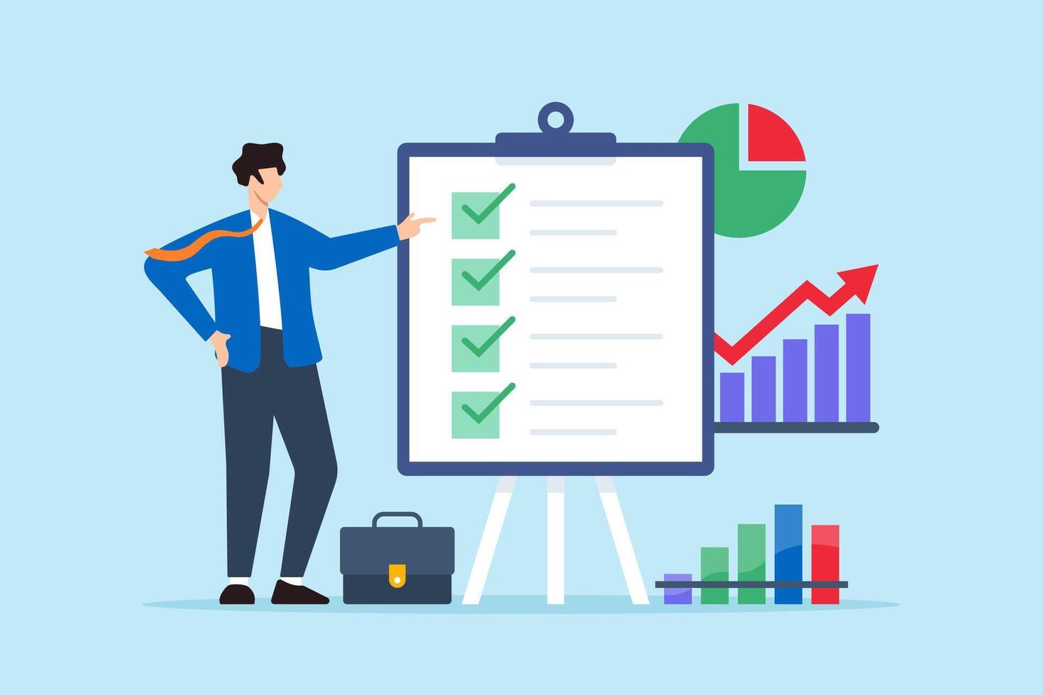 Flat illustration of male investor analyze business checklist on presentation board with checkmark graph and pie chart vector