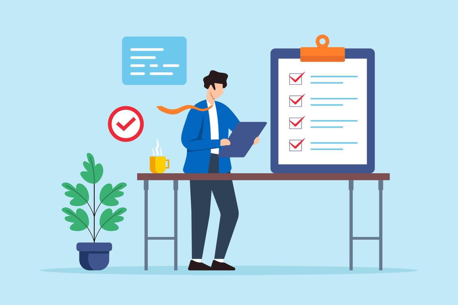 Flat illustration of man office worker organize business checklist on desk vector