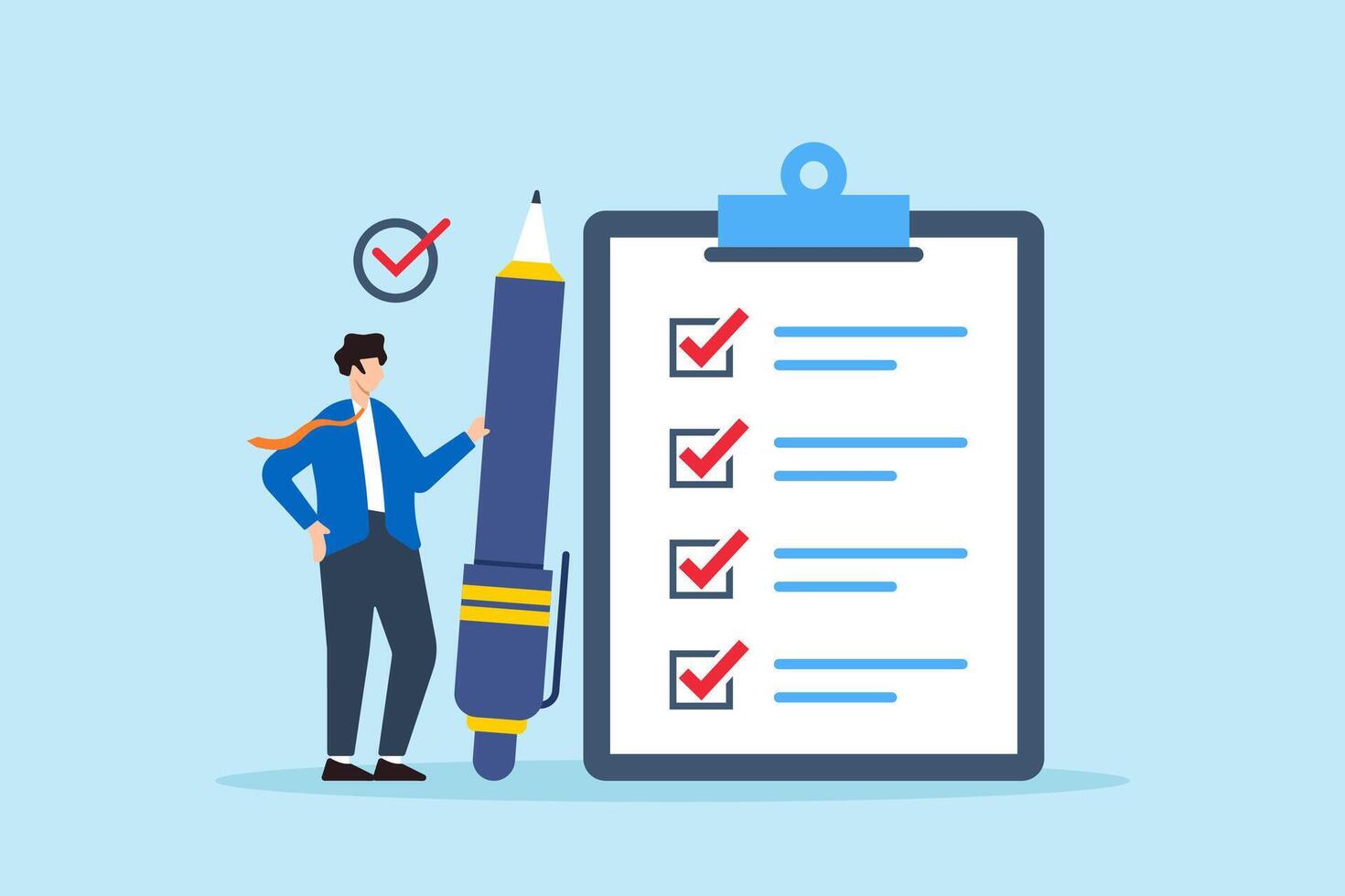Flat illustration of manager hold pen complete task on business checklist clipboard vector
