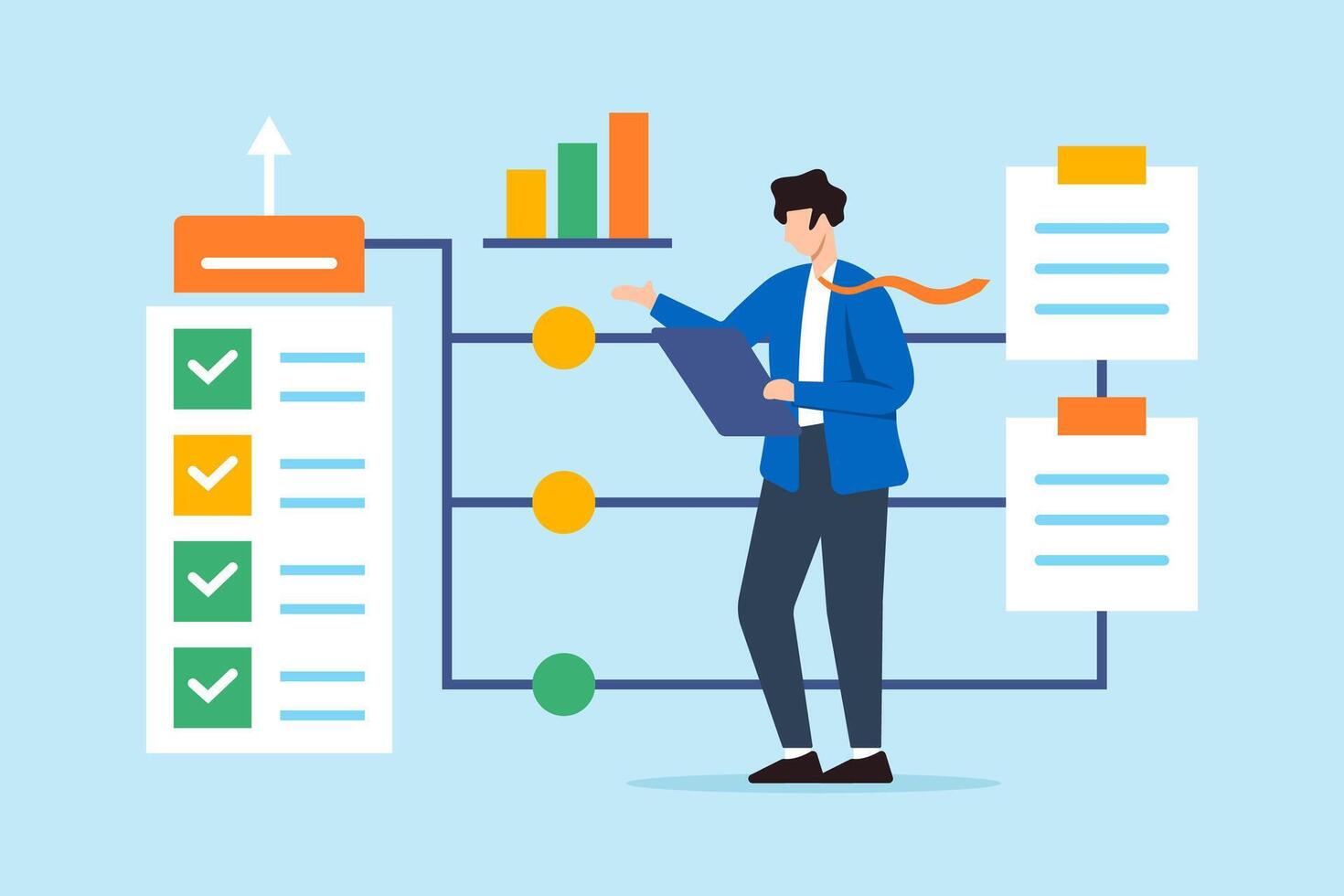 Flat illustration of operation manager review business checklist flowchart vector