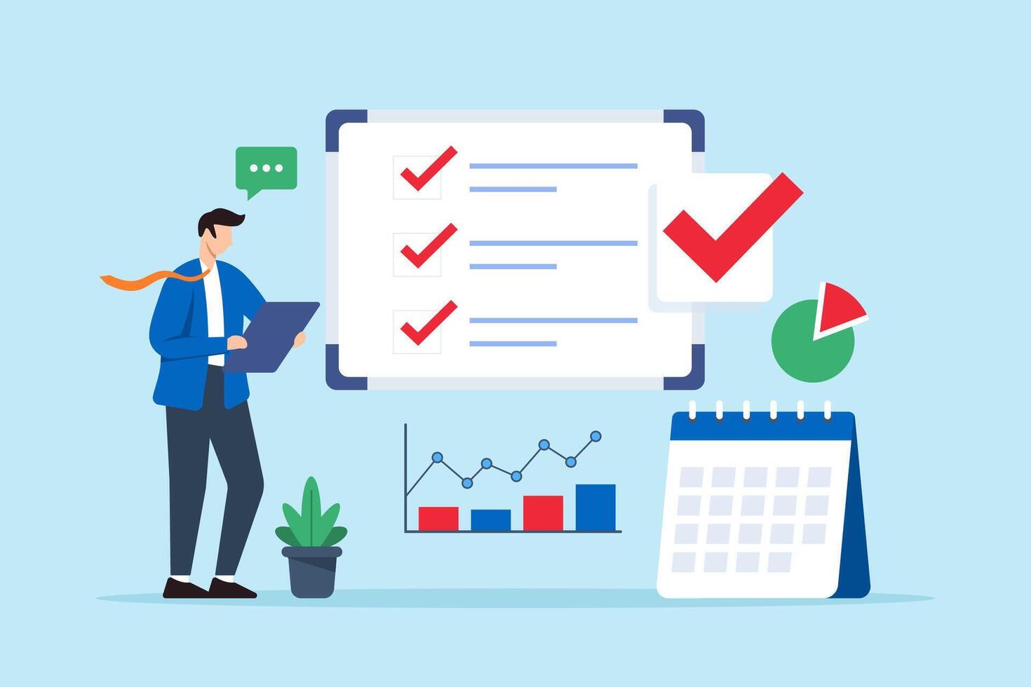 Flat illustration of marketing manager review business checklist on whiteboard with checkmark calendar graph and pie chart vector