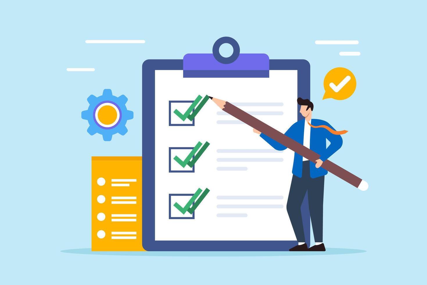 Flat illustration of male supervisor use pencil double check business checklist on clipboard vector