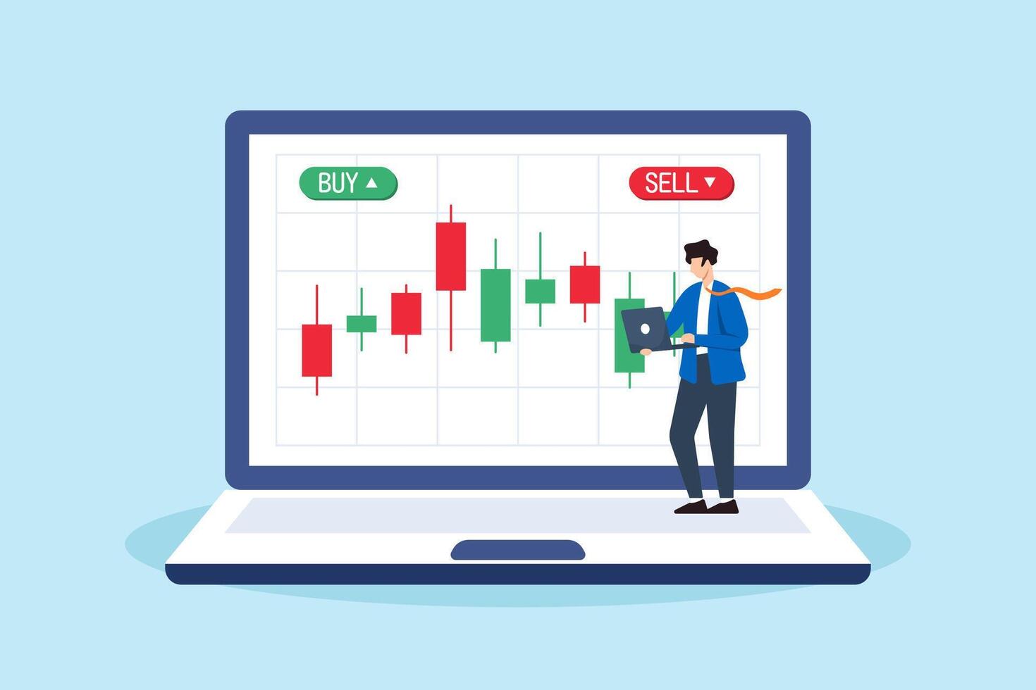 Flat illustration of businessman investor trading cryptocurrency on stock exchange with buy and sell button on laptop screen investing technical analysis vector