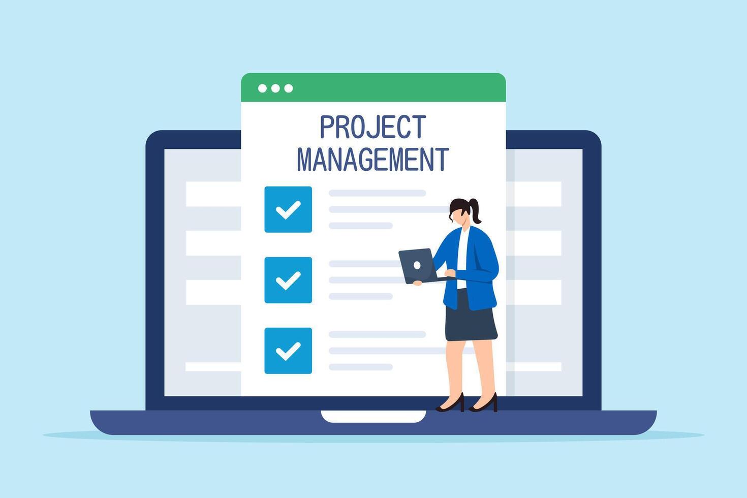 Flat illustration of female freelancer update business checklist in project management software or website on laptop screen vector