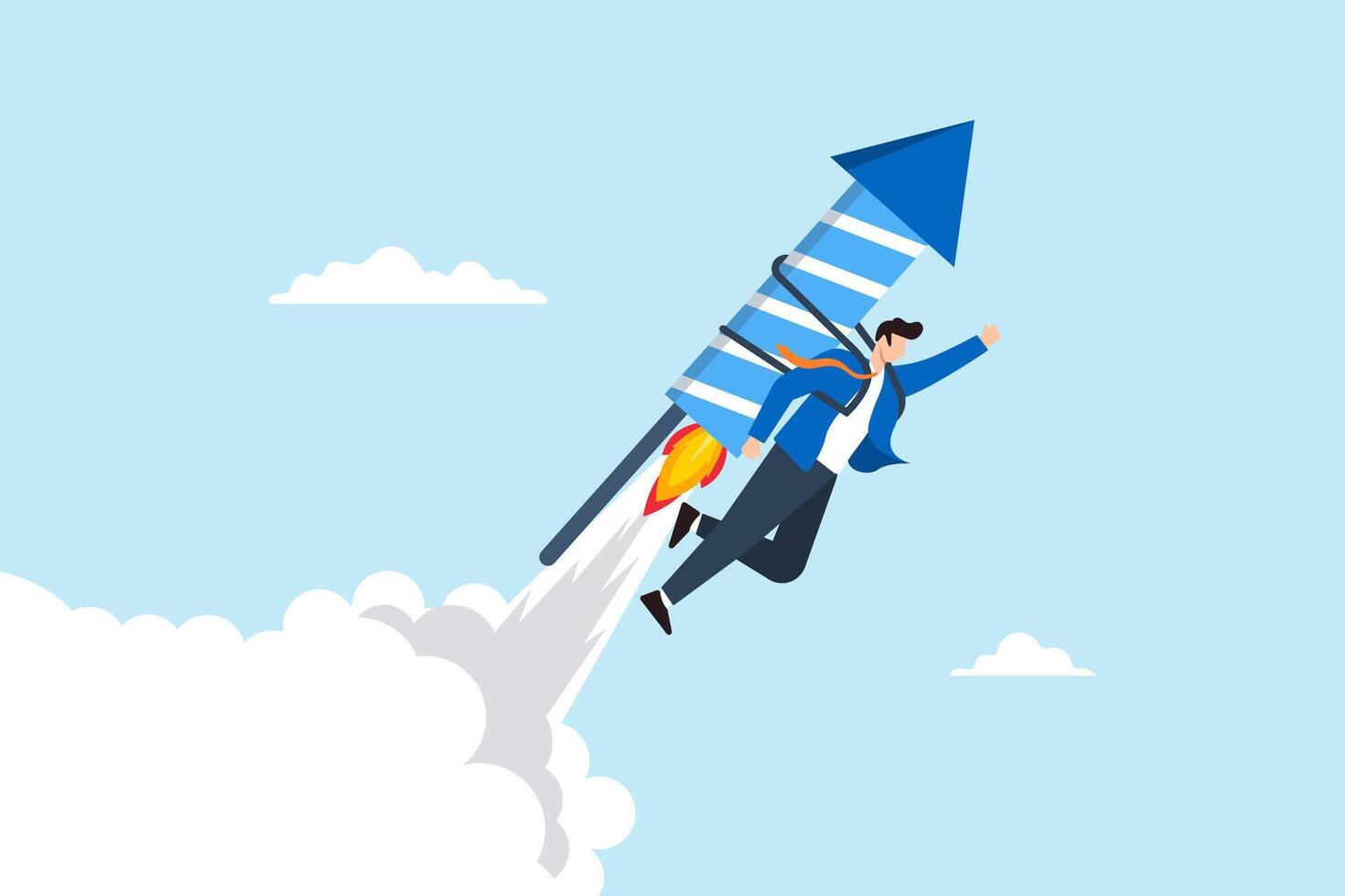 Flat illustration of businessman fly high with fast firework boost business growth innovation startup ambition winner aspiration speed development vector