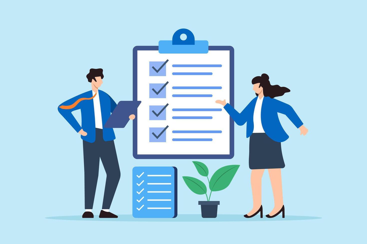Flat illustration of business coach review step on business checklist with client vector
