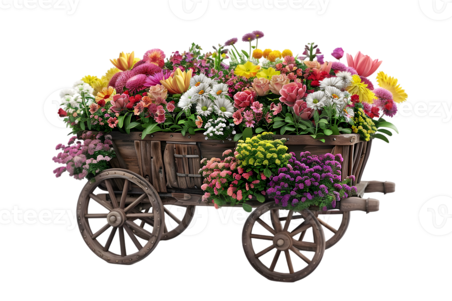 Wooden Cart Filled with Fresh Flowers for Rustic Decor png