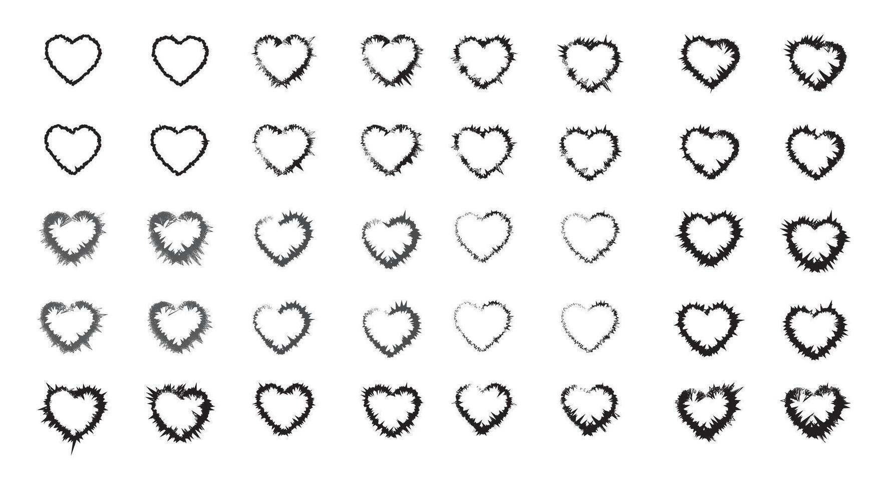 Variations of Distressed Heart Outlines with Rough Edges in Black and White For Designs vector