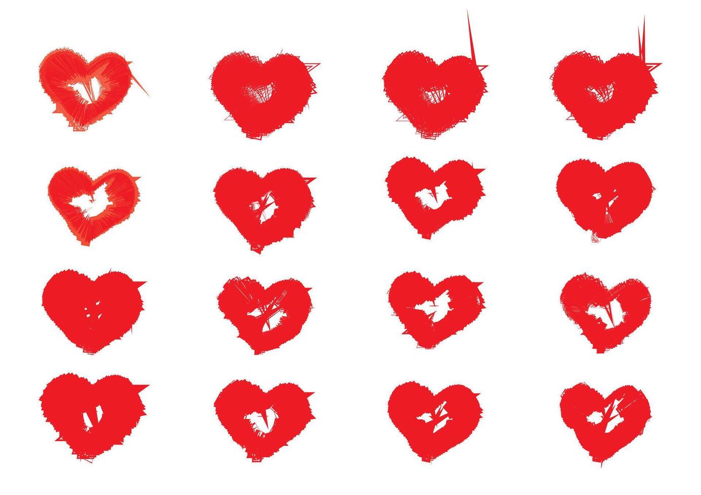 Textured Red Heart Designs As Grunge-Style Distressed Hearts for Bold and Expressive Artwork Perfect for Love, Christmas, Art, and Valentine Projects vector