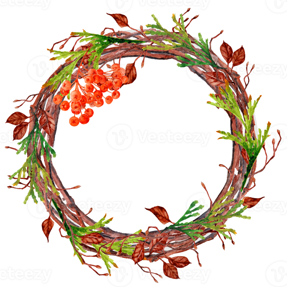 Round twig wreath with Tuya, ashberry and pear branches png