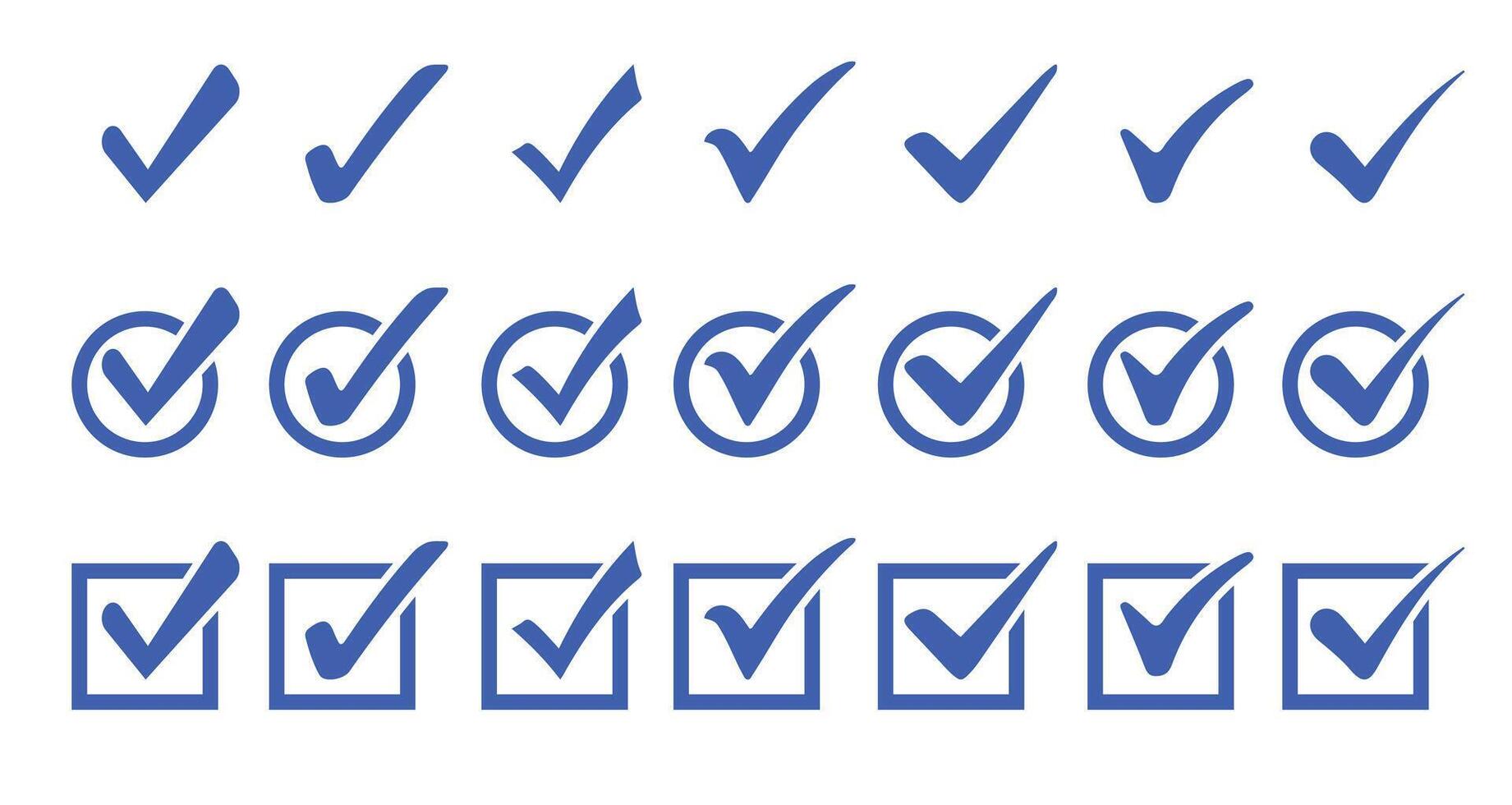 Check or tick icons set. Symbol, sign, yes, right, check box, correct mark, accept checkmark, tick box icons. vector