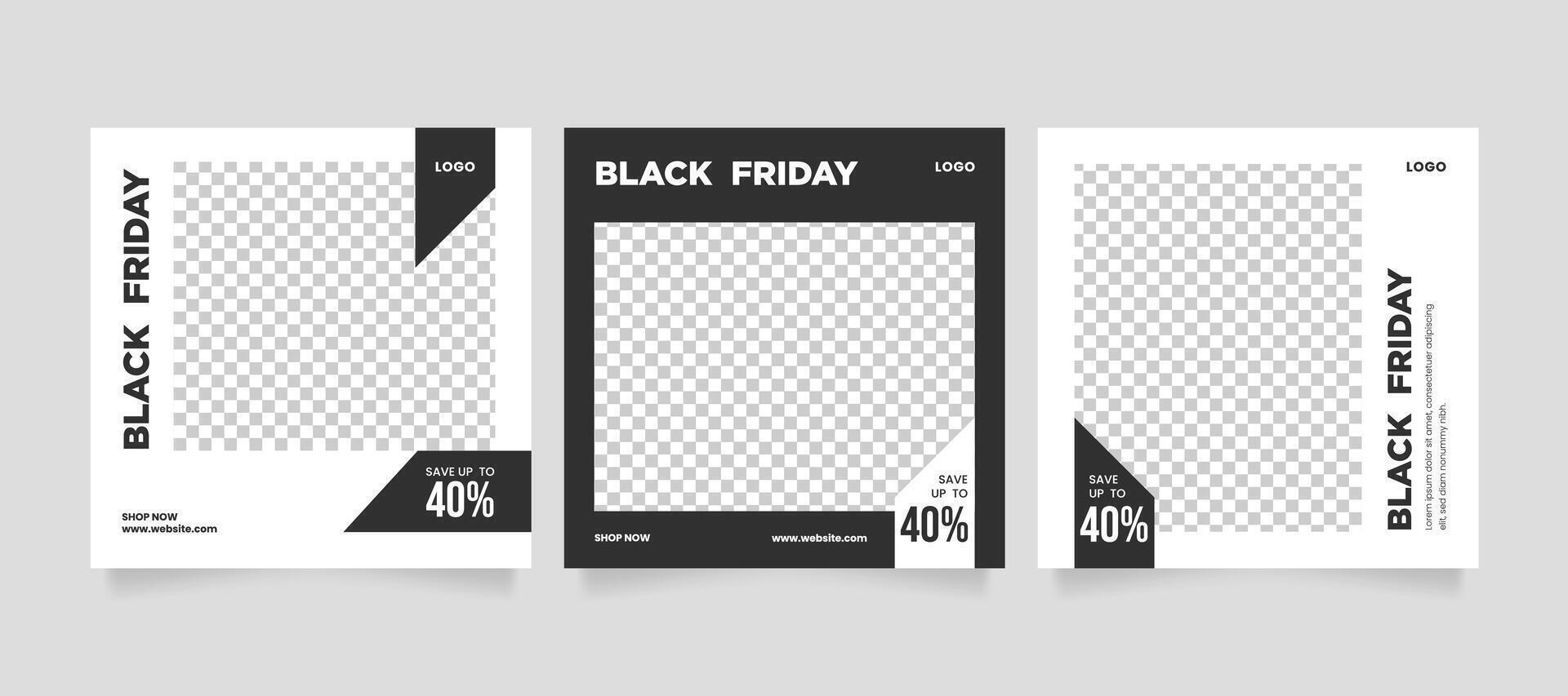Black and white social media banner set for Black friday discount. Carousel design template or sale banner design vector