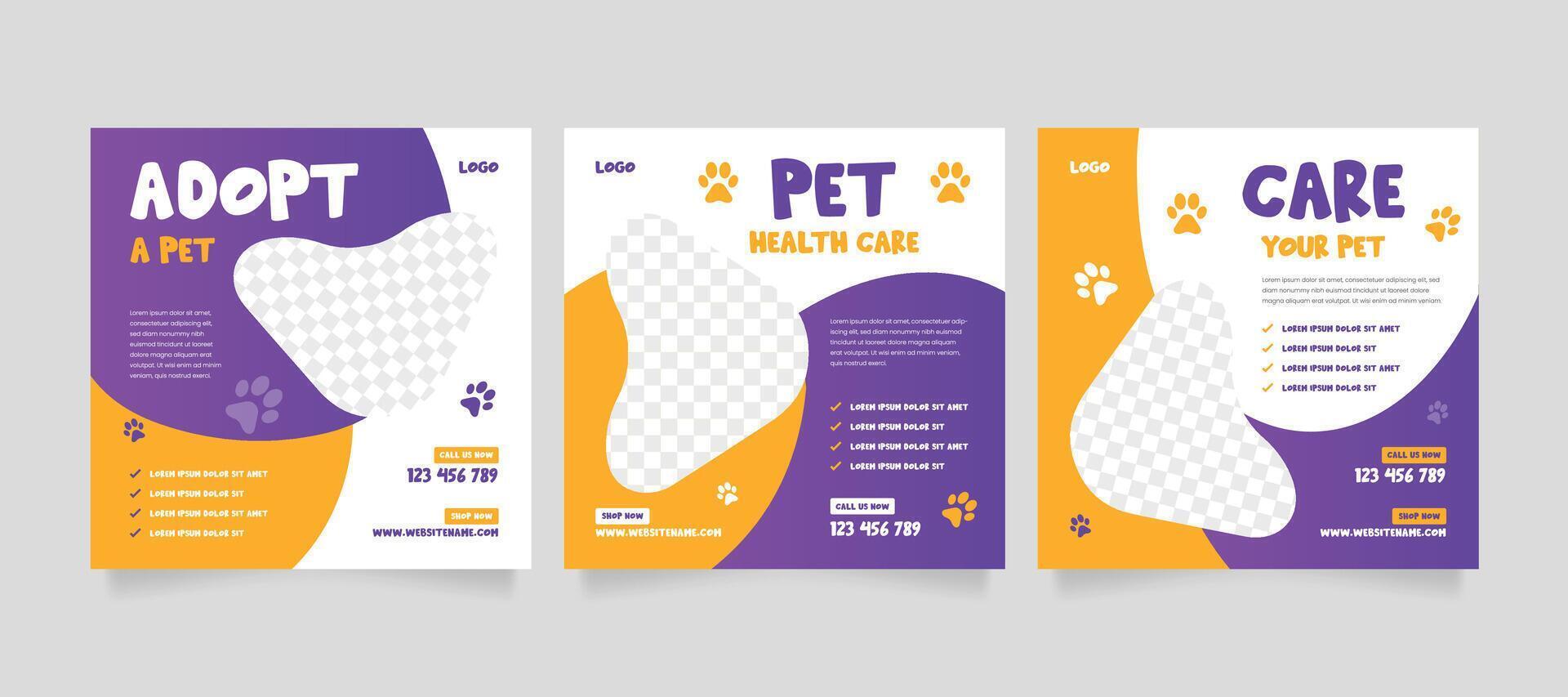 Pet care or pet shop promotion banner social media post pack template vector