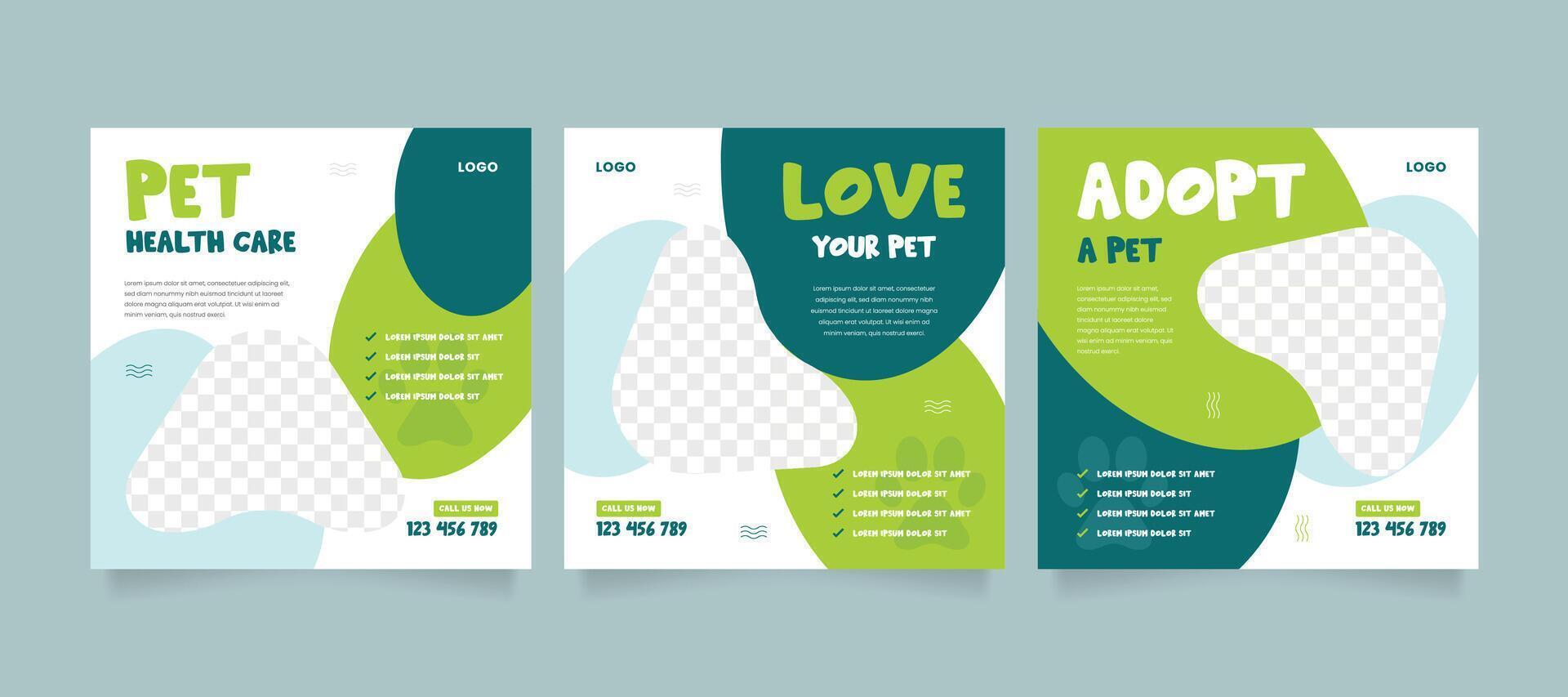 Pet adoption social media post template. Set of pet care promotion banner social media pack template. vector