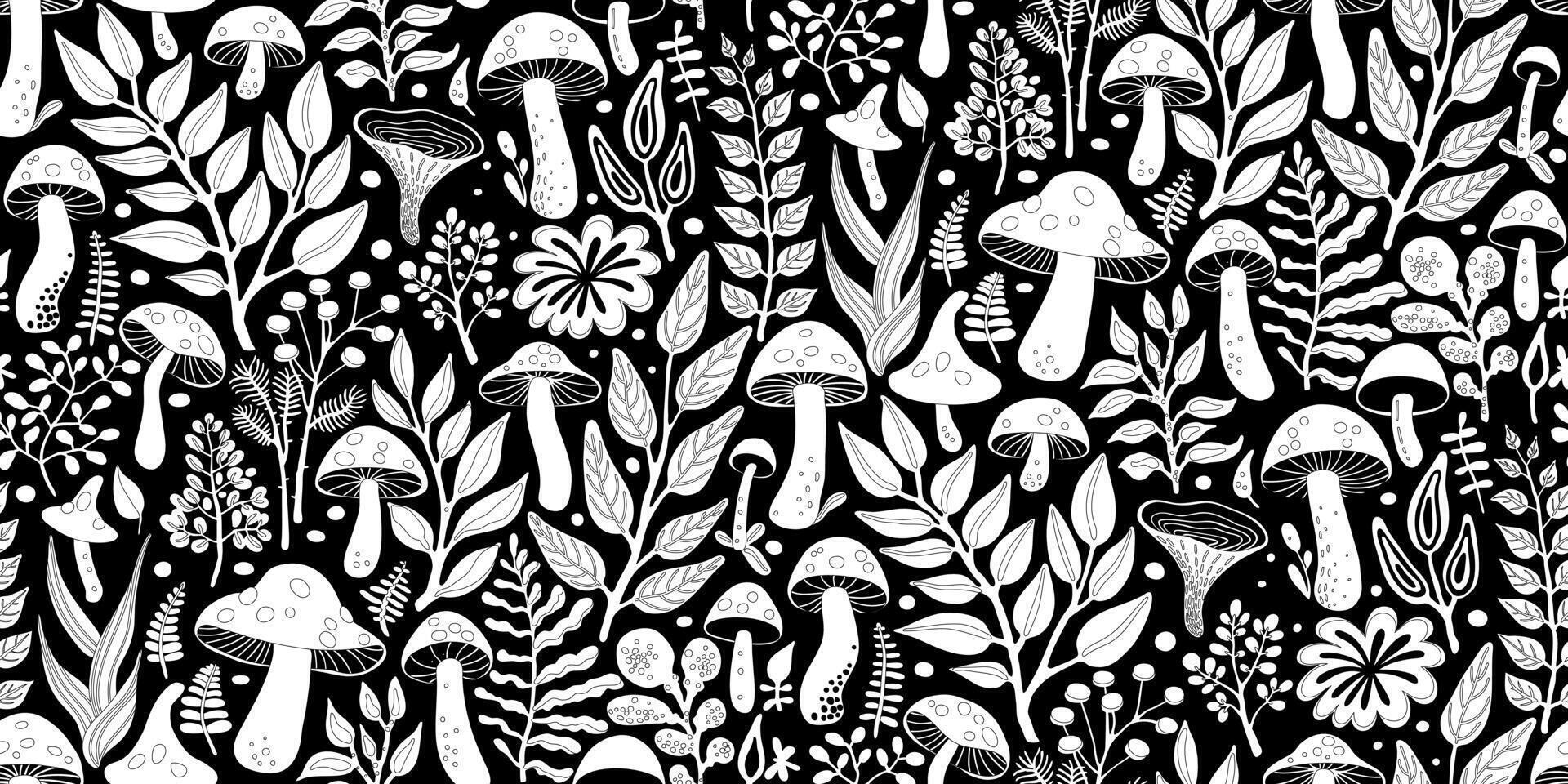 Half Drop Seamless Pattern from White Silhouettes of Stylized Mushrooms and Foliage on Black Background. Wallpaper Design for Textiles, Fabrics, Papers, Fashion Prints, Wrappings, Colorings. vector