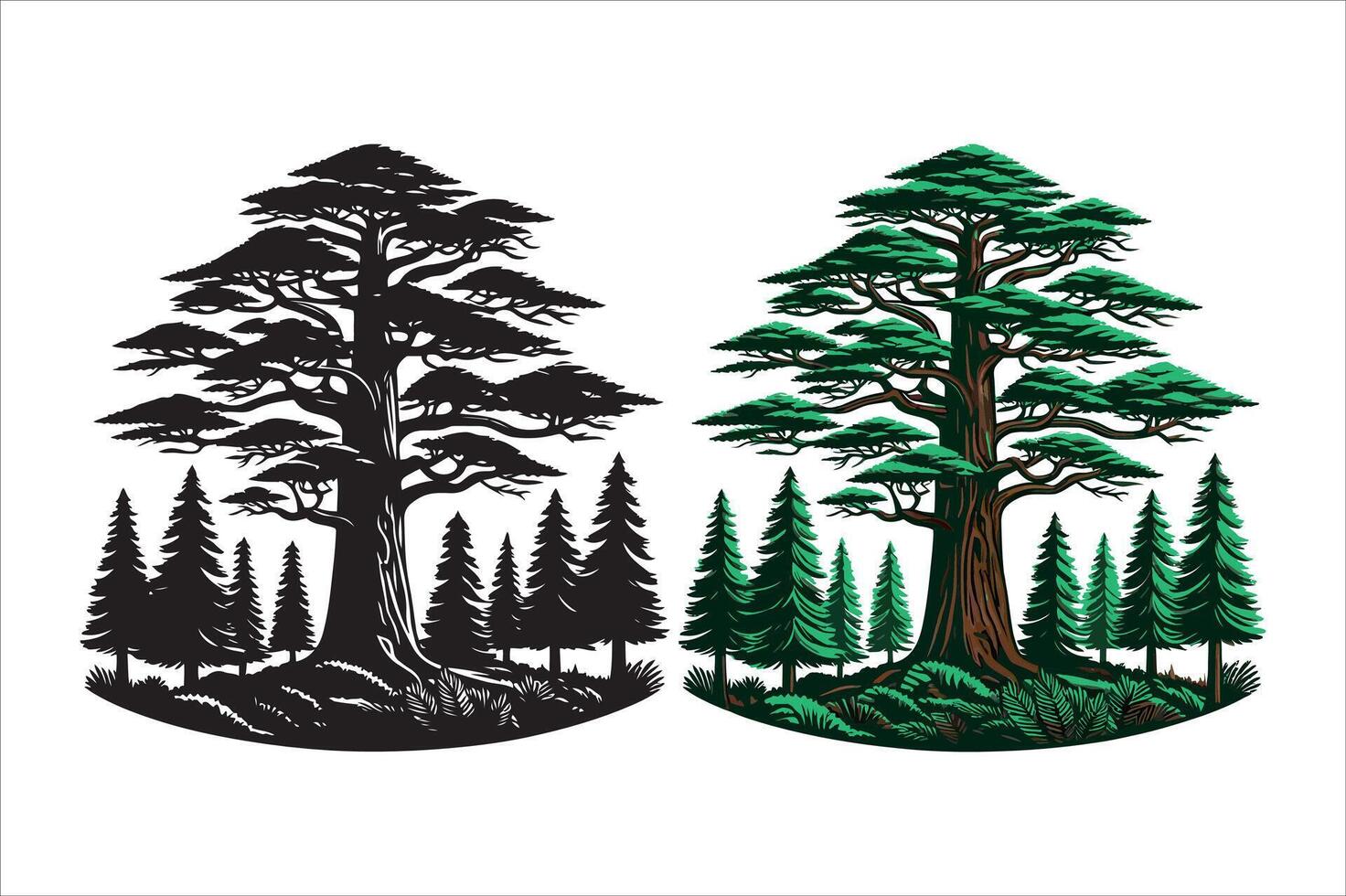 forest tall oak tree with silhouette and green leaf tree vector