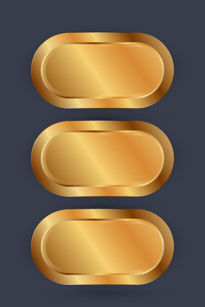 Set of three banners and buttons are golden,3 silver and bronze blanks medals button realistic illustration. Group of 3 medals or buttons isolated on black background. vector