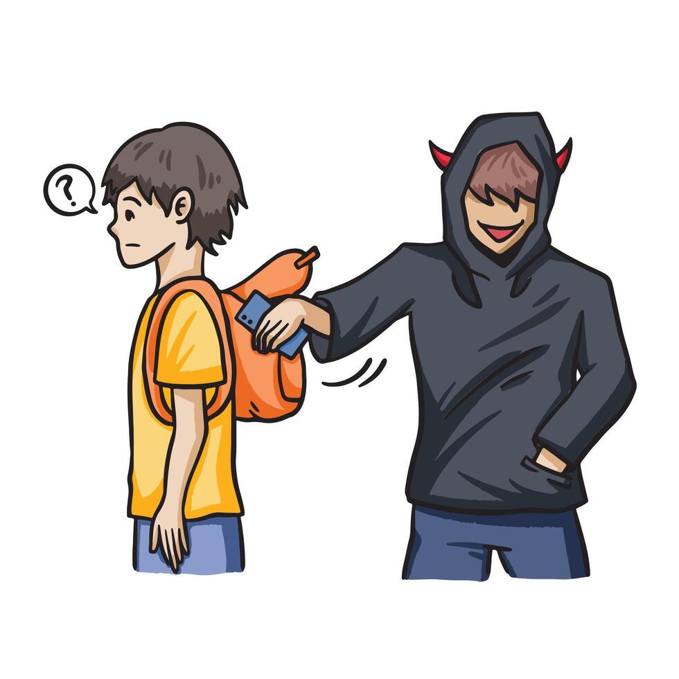 Evil pickpocket stealing young tourist smartphone from his backpack colorful illustration isolated on square white background. Simple flat outlined cartoon art styled drawing. vector