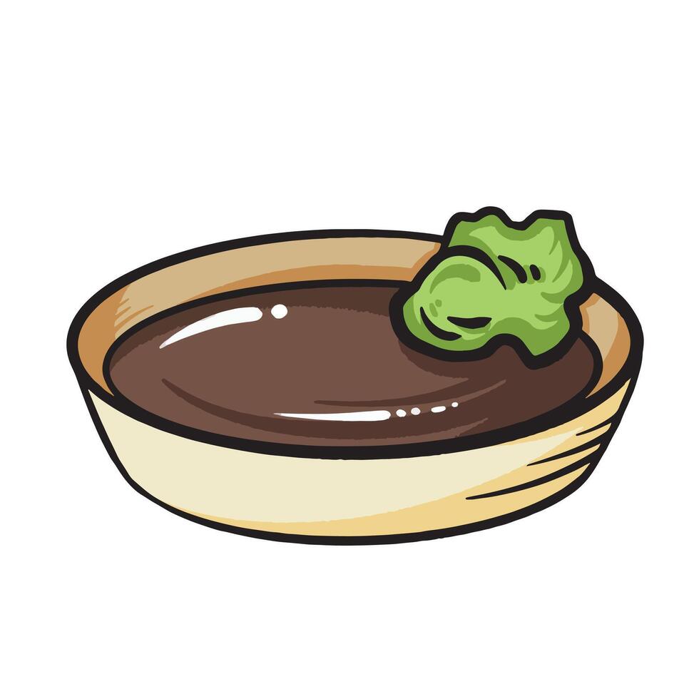 Brown soy sauce and green spicy wasabi in round container plate colorful illustration isolated on square white background. Simple flat outlined cartoon art styled food condiment drawing. vector