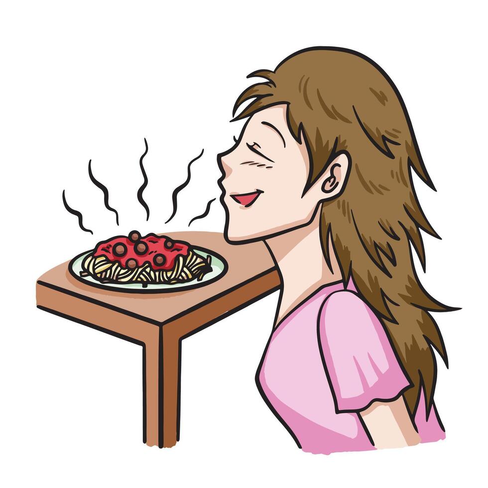 Woman smelling good food colorful illustration isolated on square white background. Simple flat outlined cartoon art styled drawing. vector