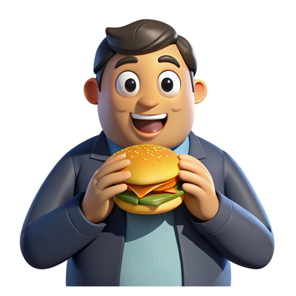 A 3d cartoon man holding a hamburger png