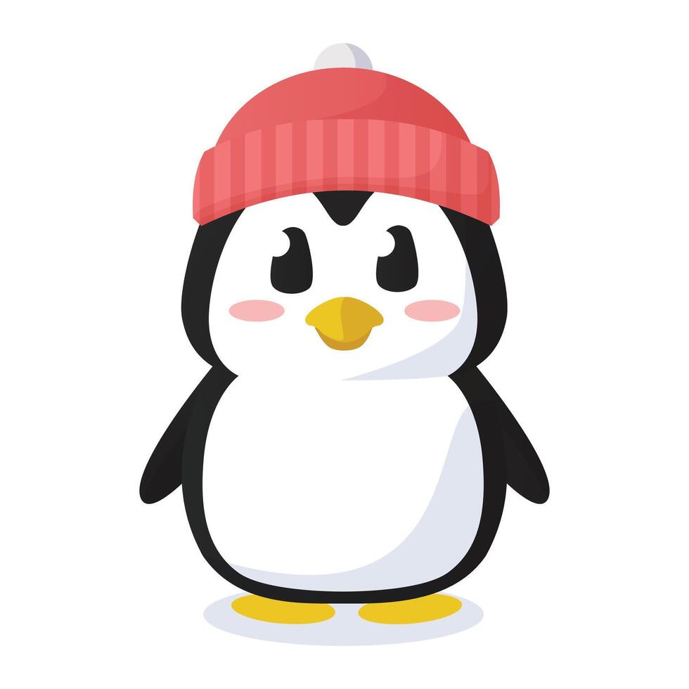 Cute penguin cartoon wearing winter beanie in flat art cartoon design style perfect for kids book and Christmas Asset element free editable vector